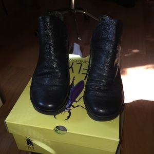 Fly London Mousse Black Leather Wedge Bootie